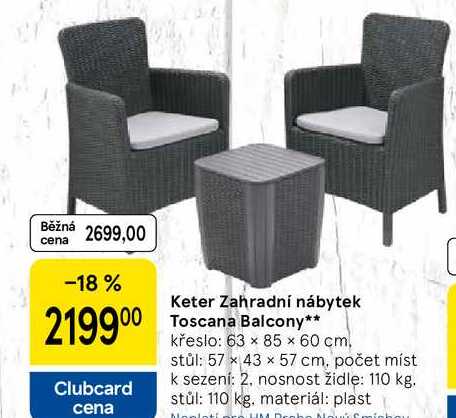 Keter Zahradní nábytek Toscana Balcony, křeslo: 63 × 85 × 60 cm, stůl: 57 × 43 × 57 cm, počet míst k sezení: 2, nosnost židle: 110 kg. stůl: 110 kg. materiál: plast 