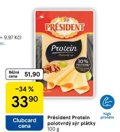 Président Protein high protein polotvrdý sýr plátky, 100 g