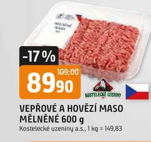KOSTELECKÉ UZENINY VEPŘOVÉ A HOVĚZÍ MASO MĚLNĚNÉ 600 g 
