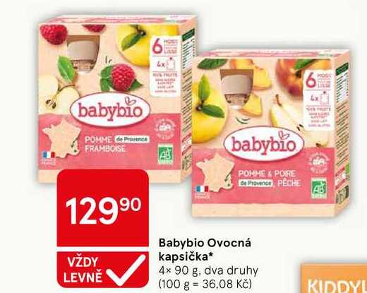 Babybio Ovocná kapsička, 4x 90 g, dva druhy