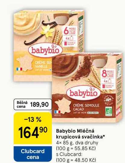 Babybio Mléčná krupicová svačinka, 4x 85 g 