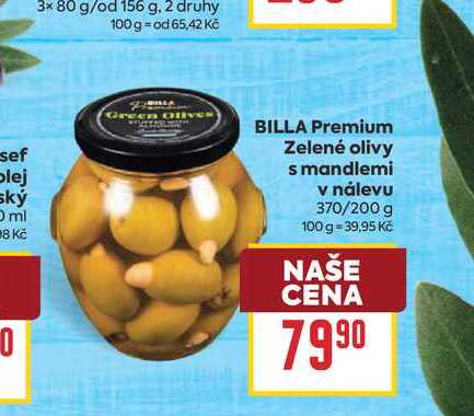 BILLA Premium Zelené olivy s mandlemi v nálevu 370/200 g 