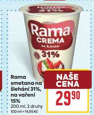 Rama smetana na šlehání 31%, na vaření 15% 200 ml