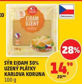 SÝR EIDAM 30% UZENÝ PLÁTKY KARLOVA KORUNA, 100 g