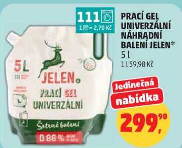 PRACÍ GEL UNIVERZÁLNÍ NÁHRADNÍ BALENÍ JELEN, 5 l
