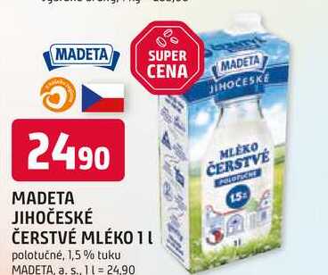 MADETA JIHOČESKÉ ČERSTVÉ MLÉKO 1l polotučné, 1,5% tuku