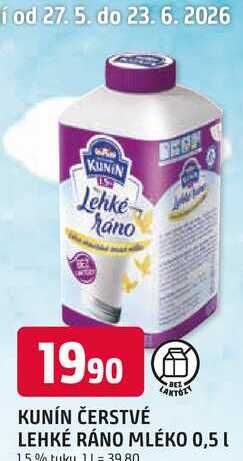 KUNÍN ČERSTVÉ LEHKÉ RÁNO MLÉKO 0,5 L 15% tuku