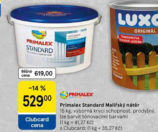 Primalex Standard Malířský nátěr, 15 kg. výborná krycí schopnost, prodyšný, Ize barvit tónovacími barvami  