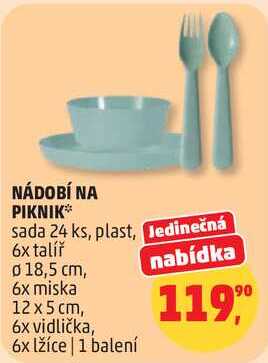 NÁDOBÍ NA PIKNIK sada 24 ks, plast, 6x talíř průměr 18,5 cm, 6x miska 12 x 5 cm, 6x vidlička, 6x lžíce, 1 balení