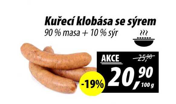 Kuřecí klobása se sýrem 90% masa+10% sýr, 100 g