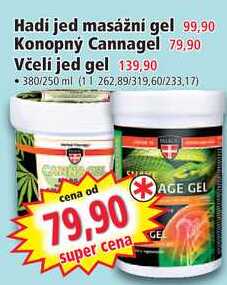 Hadi jed masážní gel/Konopný Cannagel/Včelí jed gel, 380/250 ml