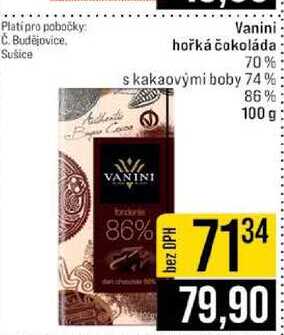 Vanini hořká čokoláda 70% s kakaovými boby 74% 86% 100 g