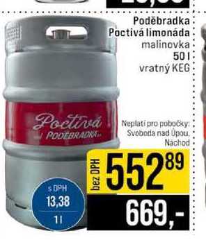 Poděbradka Poctivá limonáda malinovka 50l