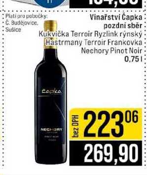 Vinařství Čapka pozdní sběr Kukvička Terroir Ryzlink rýnský Hastrmany Terroir Frankovka Nechory Pinot Noir 0,75l