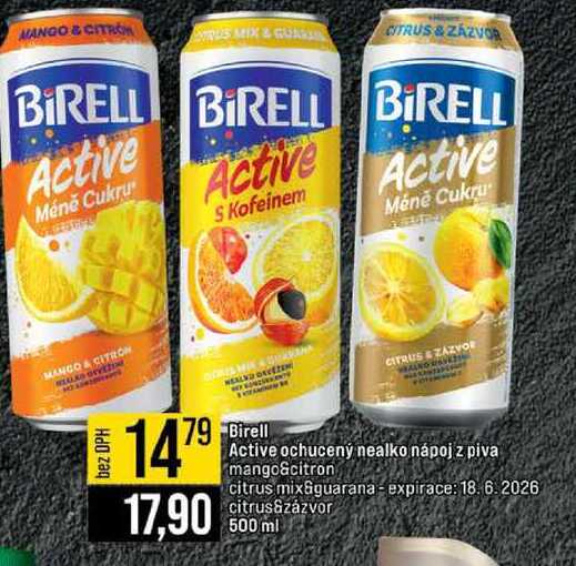 Birell Active ochucený nealko nápoj z piva mango&citron citrus mix&guarana expirace citrus&zázvor 500 ml 