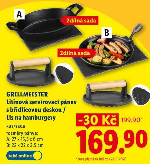 GRILLMEISTER Litinová servírovací pánev s břidlicovou deskou/Lis na hamburgery 