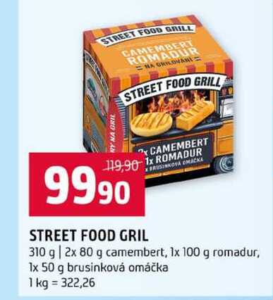 STREET FOOD GRIL 310 g 2x 80 g camembert, 1x 100 g romadur, 1x 50 g brusinková omáčka
