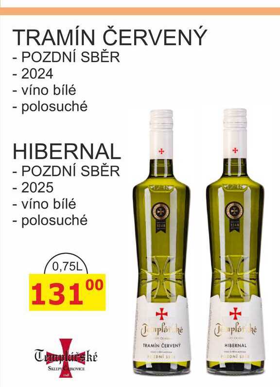 TEMPLÁŘSKÉ SKLEPY 0,75l TRAMÍN ČERVENÝ, POZDNÍ SBĚR 2024 - víno bílé polosuché