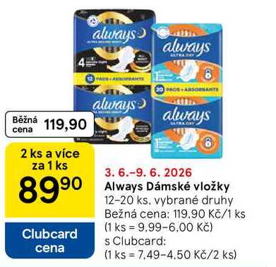 Always Dámské vložky, 12-20 ks, vybrané druhy