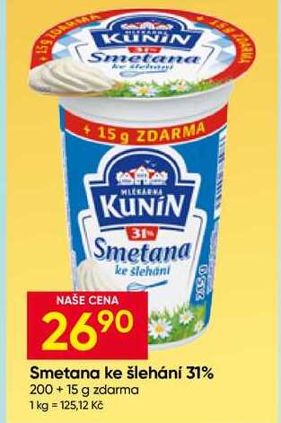 Kunín Smetana ke šlehání 31 % 200g + 15g