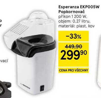 Esperanza EKP005W Popkornovač, příkon 1 200 W. objem: 0,27 litru. materiál: plast, kov 