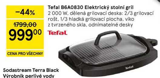 Tefal B6A0830 Elektrický stolní gril, 2000 W. dělená grilovací deska: 2/3 grilovací rošt. 1/3 hladká grilovací plocha, víko z tvrzeného skla. odnímatelné desky  