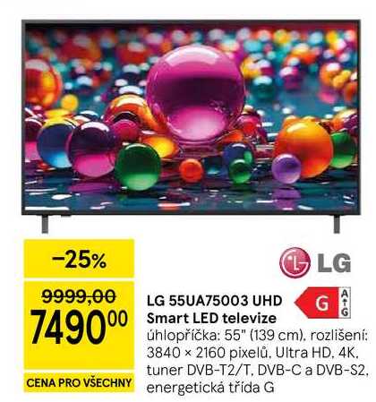 LG 55UA75003 UHD Smart LED televize, úhlopříčka: 55" (139 cm). rozlišení: 3840 x 2160 pixelů. Ultra HD, 4K, tuner DVB-T2/T, DVB-C a DVB-S2