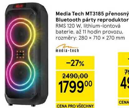 Media Tech MT3185 přenosný Bluetooth párty reproduktor, RMS 120 W, lithium-iontová baterie, až 11 hodin provozu. rozměry: 280 × 710 x 270 mm