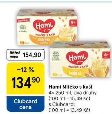 Hami Mlíčko s kaší, 4x 250 ml, dva druhy 