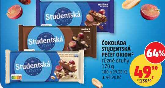 ČOKOLÁDA STUDENTSKÁ PEČEŤ ORION různé druhy, 170 g