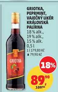 GRIOTKA, PEPRMINT, VAJEČNÝ LIKÉR KRÁLOVSKÁ PALÍRNA 18% alk., 19% alk., 15% alk., 0,5 l