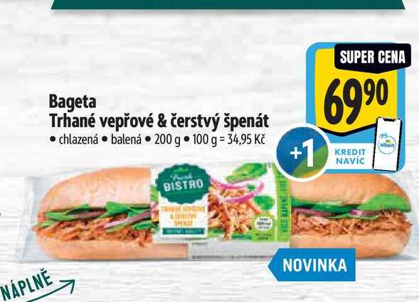Bageta Trhané vepřové & čerstvý špenát 200 g
