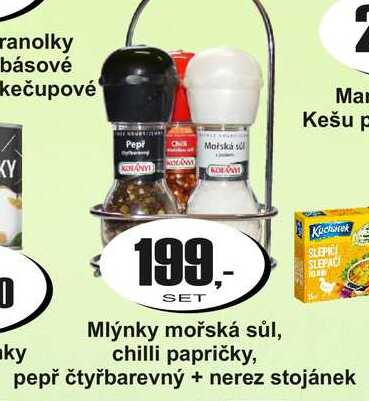 SET Mlýnky mořská sůl, chilli papričky, pepř čtyřbarevný + nerez stojánek 