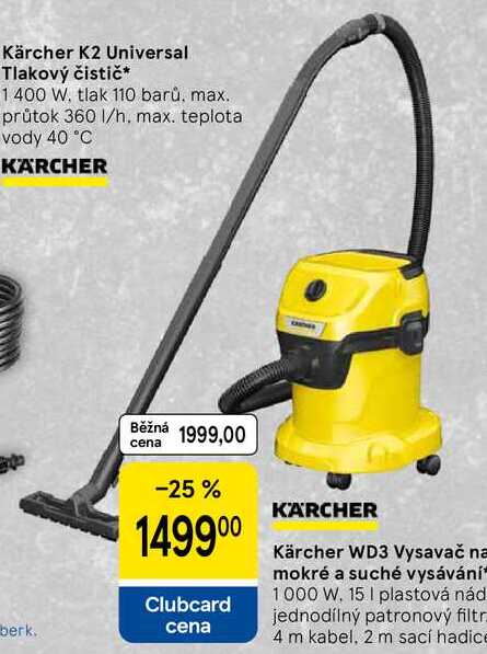 Kärcher WD3 Vysavač na mokré a suché vysávání, 1000 W. 15 I plastová nád jednodílný patronový filtr 4 m kabel, 2 m sací hadice 