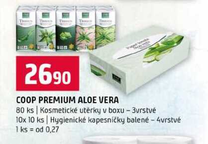 COOP PREMIUM ALOE VERA 80 ks Kosmetické utěrky v boxu 3vrstvé 10x 10 ks Hygienické kapesníčky balené 4vrstvé