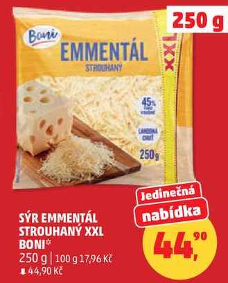 SÝR EMMENTÁL STROUHANÝ XXL BONI, 250 g  
