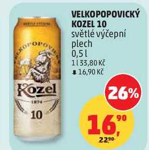 VELKOPOPOVICKÝ KOZEL 10 světlé výčepní plech, 0,5 l