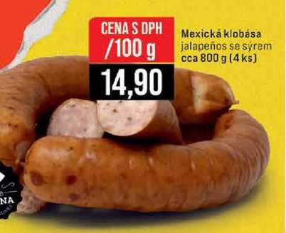 Mexická klobása jalapeños se sýrem cca 800 g (4 ks) 100g
