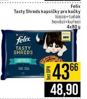 Felix Tasty Shreds kapsičky pro kočky losos+tuňák hovězí+kuřeci 4x80 g 