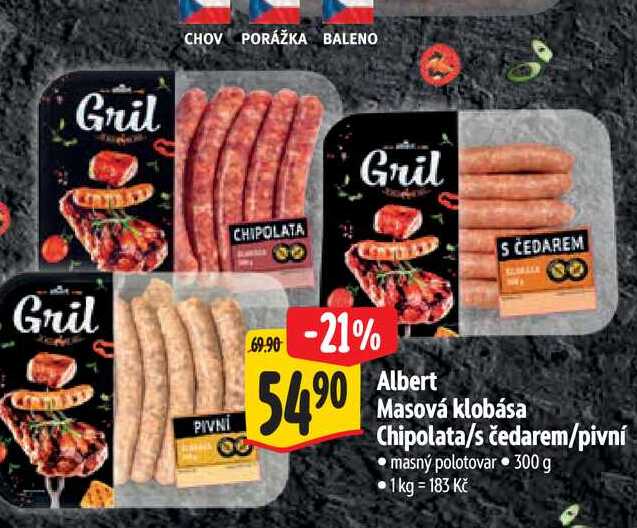 Albert Masová klobása Chipolata/s čedarem/pivní 300 g