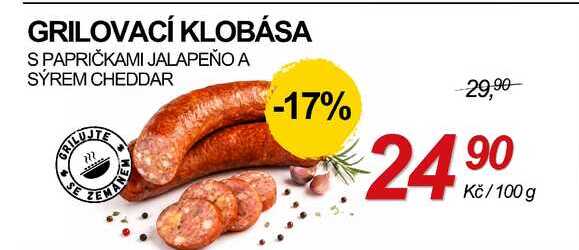 GRILOVACÍ KLOBÁSA S PAPRIČKAMI JALAPEÑO A SÝREM CHEDDAR, 100 g
