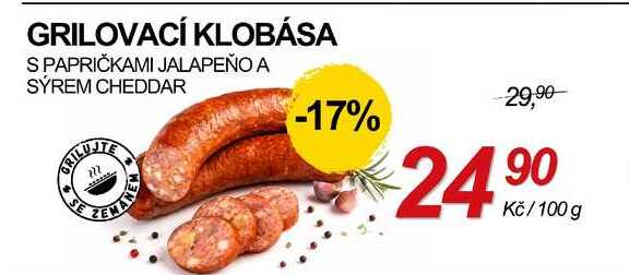 GRILOVACÍ KLOBÁSA S PAPRIČKAMI JALAPEÑO A SÝREM CHEDDAR, 100 g