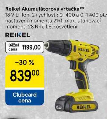 Reikel Akumulátorová vrtačka, 18 V Li-Ion, 2 rychlosti: 0-400 a 0-1 400 ot/ nastavení momentu 21+1, max. utahovací moment: 28 Nm. LED osvětlení