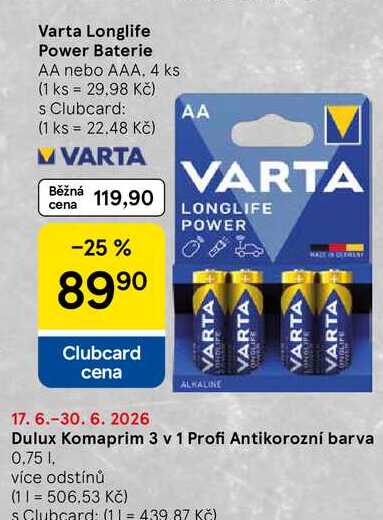 Varta Longlife Power Baterie AA nebo AAA, 4 ks  