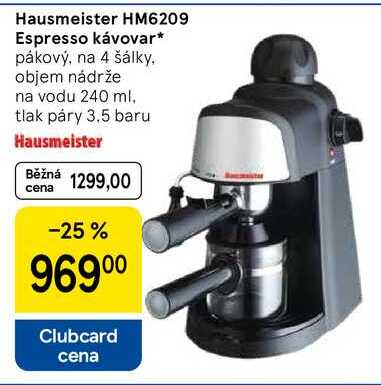 Hausmeister HM6209 Espresso kávovar, pákový, na 4 šálky, objem nádrže na vodu 240 ml. tlak páry 3.5 baru